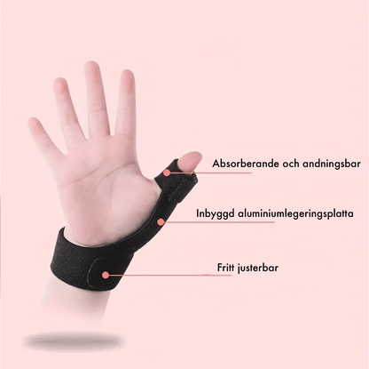 Justerbart tumstöd med inbyggd aluminiumskena som ger stabilt stöd för tumme och handled, tillverkat i absorberande och andningsbart material