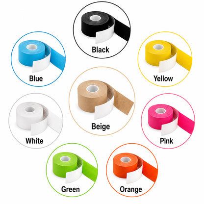 Kinesiologitejp i flera färger: beige, svart, blå, vit, gul, rosa, grön och orange.