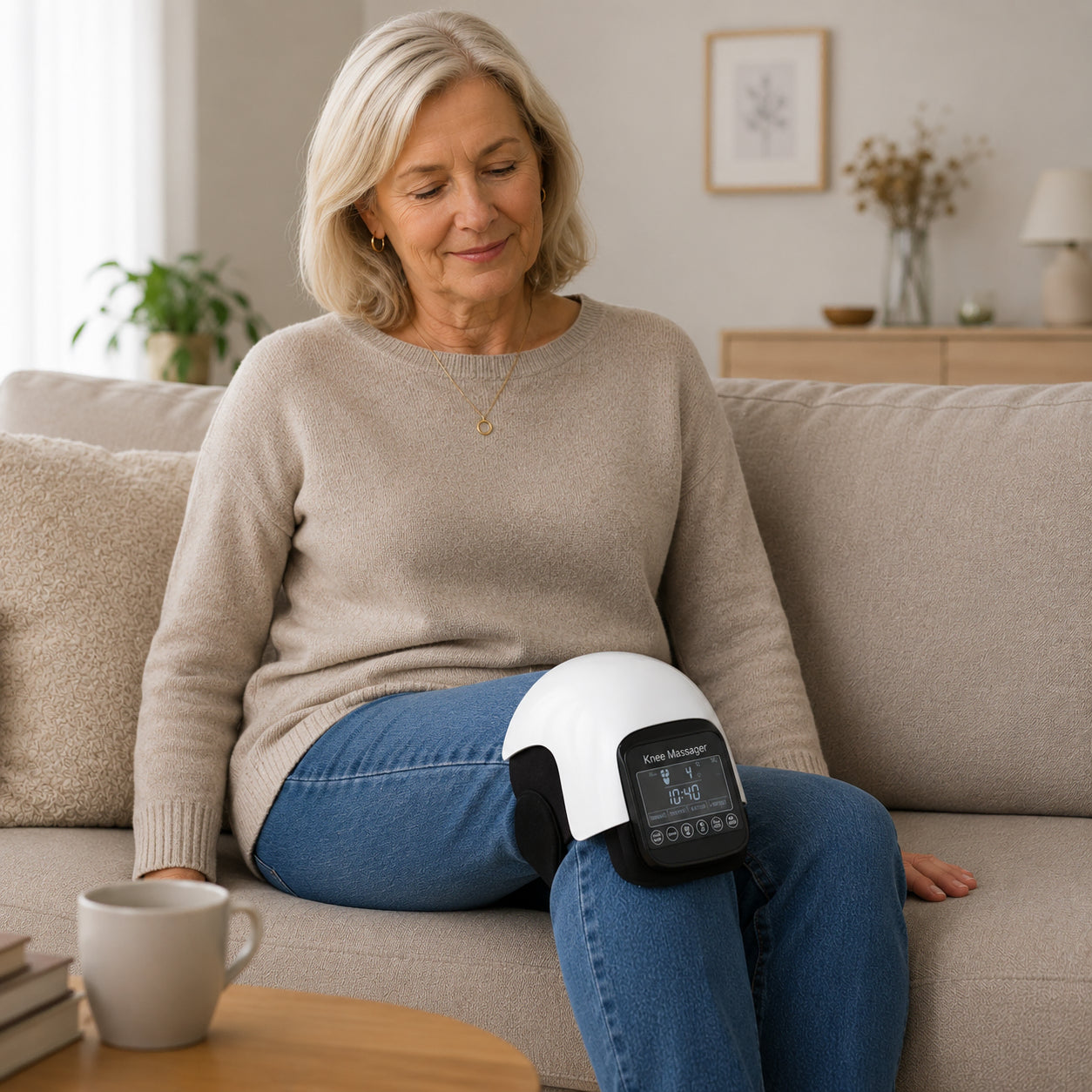 Äldre kvinna använder knämassage med värme och vibration hemma i soffan för avslappning och stöd till knäleden.