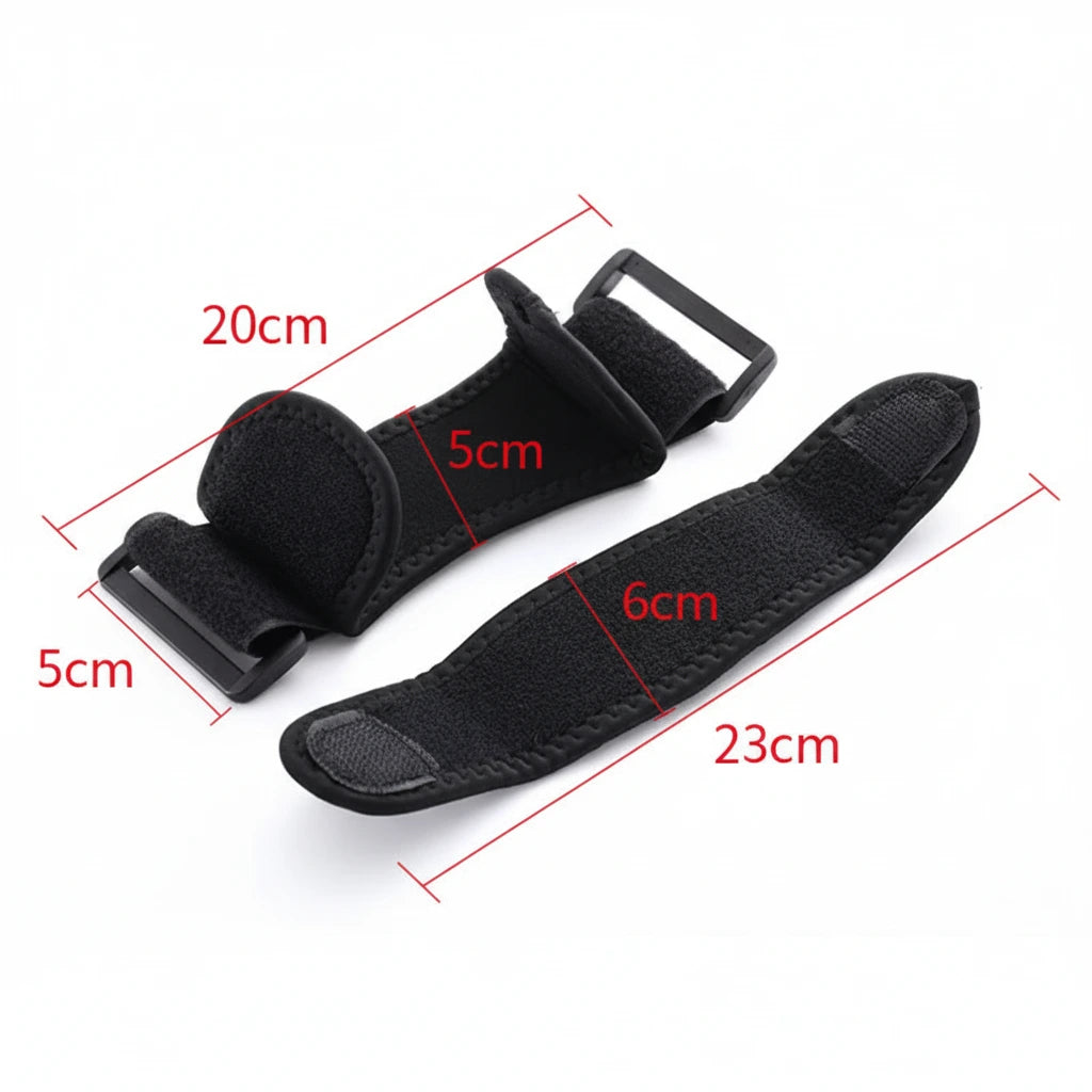 Justerbart knäskydd för hopparknä med vadderat tryckstöd och måttangivelser.