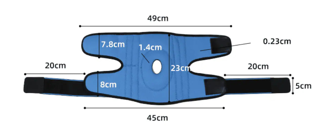 Storleksbild för knäskydd med dubbla sidostabilisatorer och justerbara remmar.
