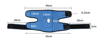 Storleksbild för knäskydd med dubbla sidostabilisatorer och justerbara remmar.