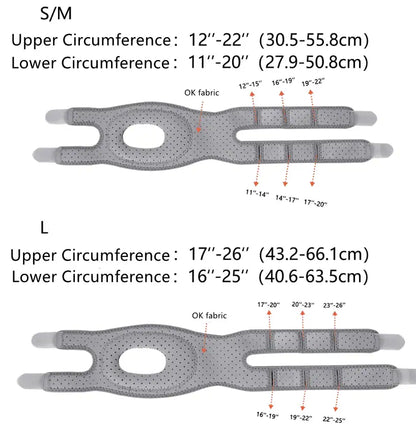 Storleksguide för knästöd mot hopparknä och schlatterknä med mått för omkrets ovan och under knät.