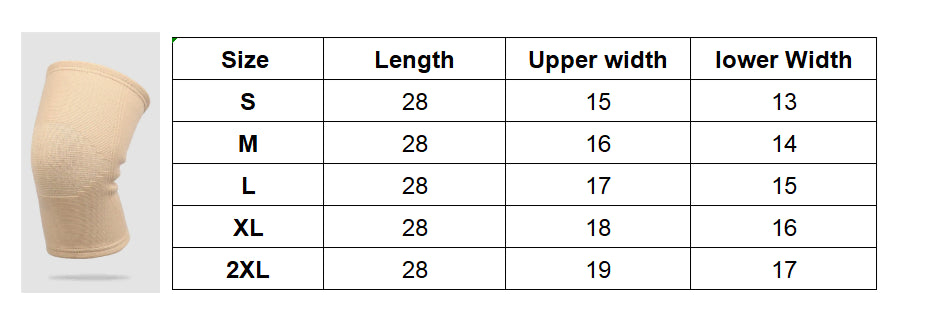 Storlekstabell för elastiskt knästöd som visar mått för längd, övre bredd och nedre bredd i storlekar S–2XL.