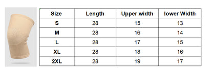 Storlekstabell för elastiskt knästöd som visar mått för längd, övre bredd och nedre bredd i storlekar S–2XL.