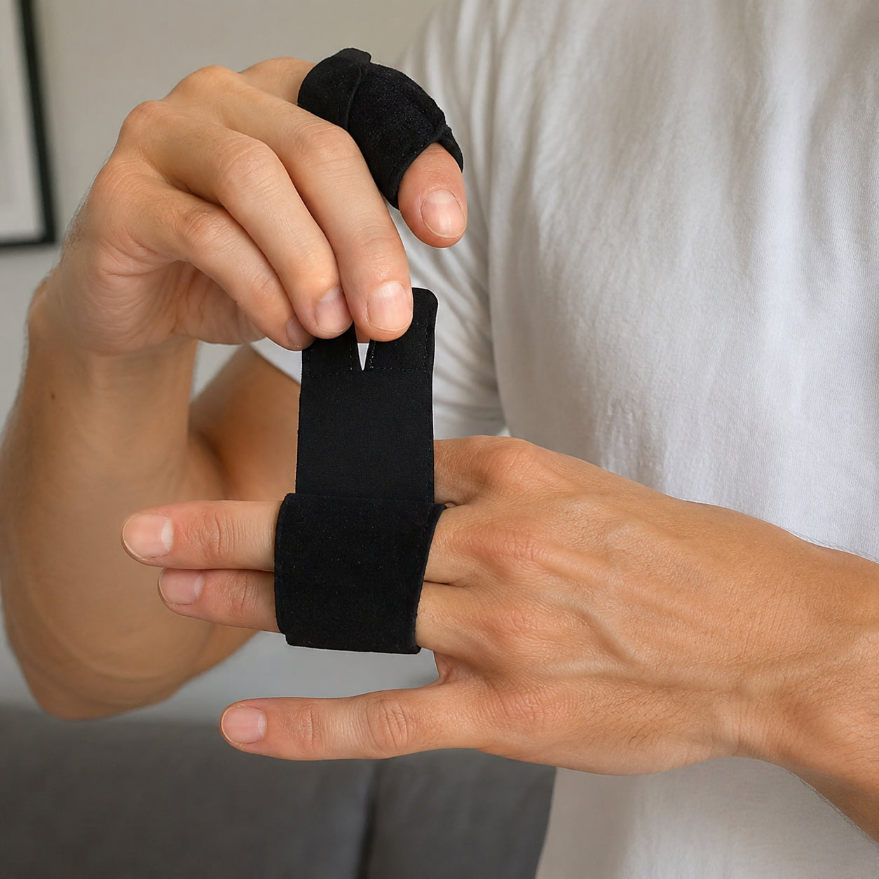 Person justerar ett svart kompressionsfingerstöd på ett finger för ökad stabilitet och stöd.