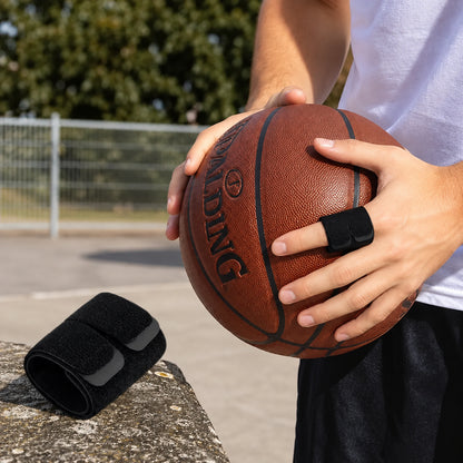 Kompressionsfingerstöd för ett finger vid basket och sport.