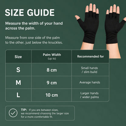 Storleksguide för kompressionshandskar utan fingertoppar med mått för handflata och rekommenderade storlekar S, M och L.