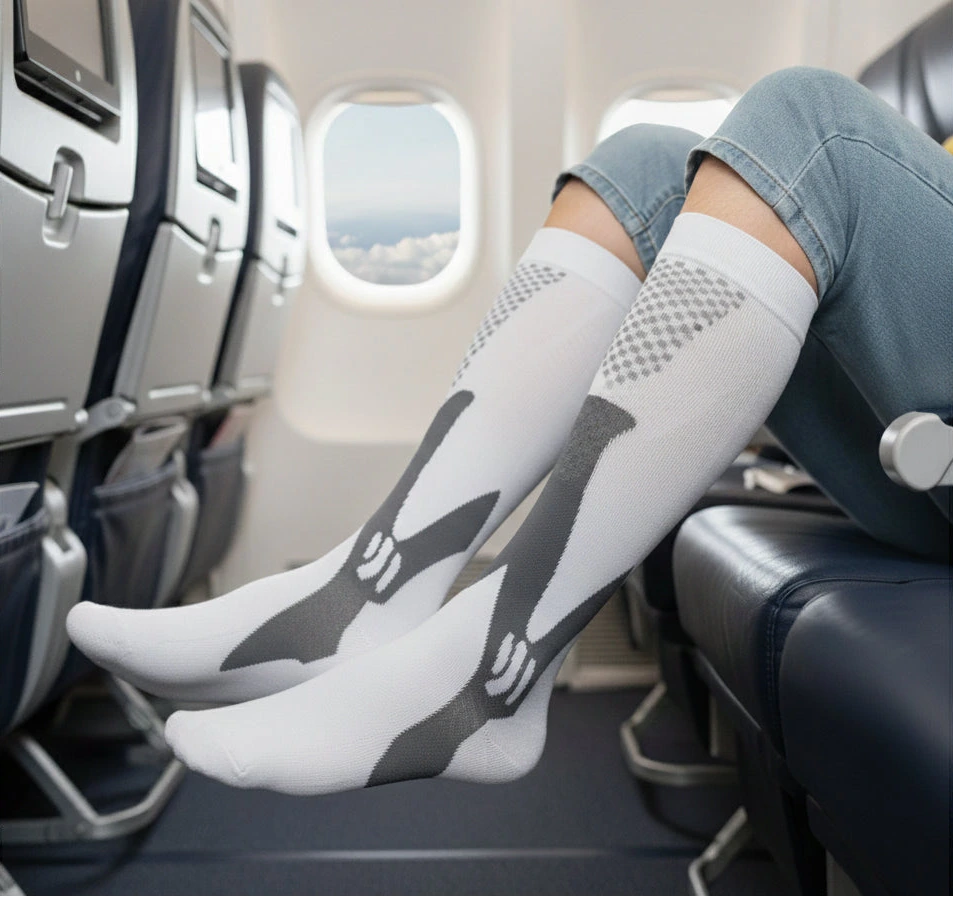 Kompressionsstrumpor som används under flygresa för stöd och cirkulation i benen