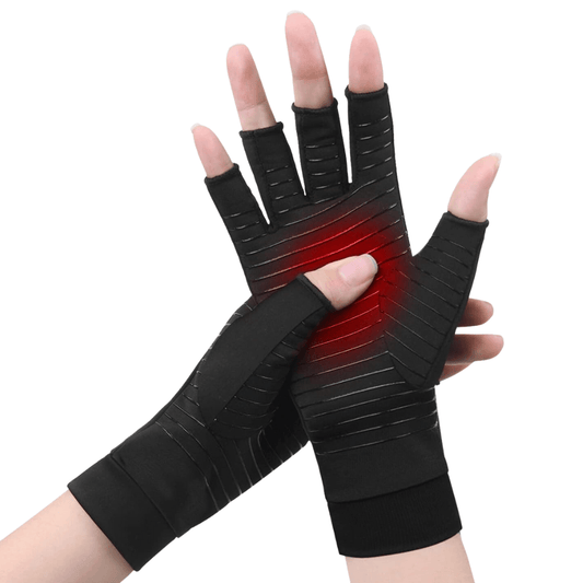 Kopparkompressionshandskar med öppna fingertoppar som ger värmande stöd för stela och ömma händer