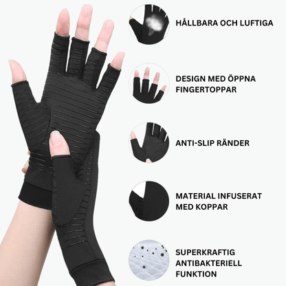 Kopparinfuserade handskar med öppna fingertoppar, halkskydd och luftig design för bekväm användning vid vardagliga aktiviteter