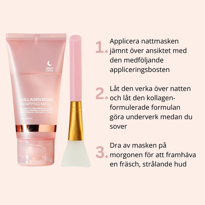 Collagen Night Wrapping Mask med appliceringsborste och instruktioner i tre steg.