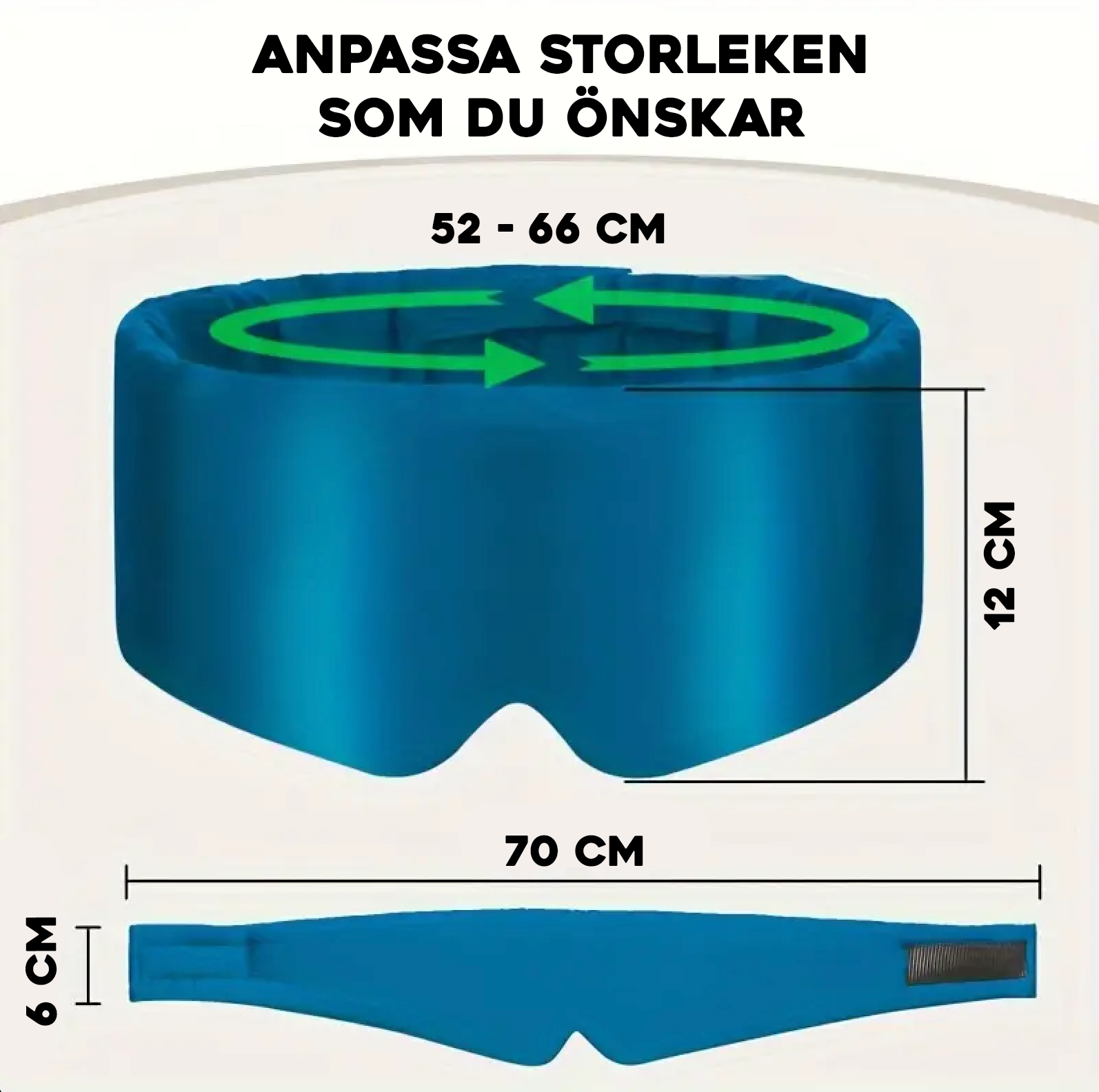 Mått på justerbar blackout sovmask med längd och höjd angivna