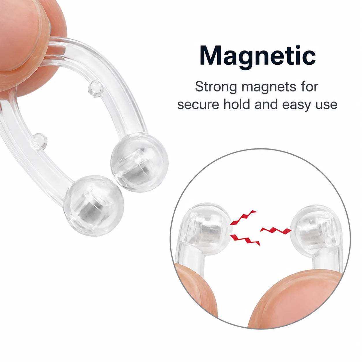 Transparent magnetisk näsklämma med magneter för stabil passform och enkel användning.