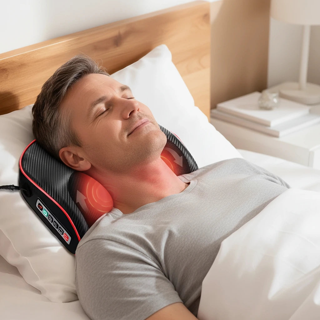 Person som använder massagekudde mot nacke i vila