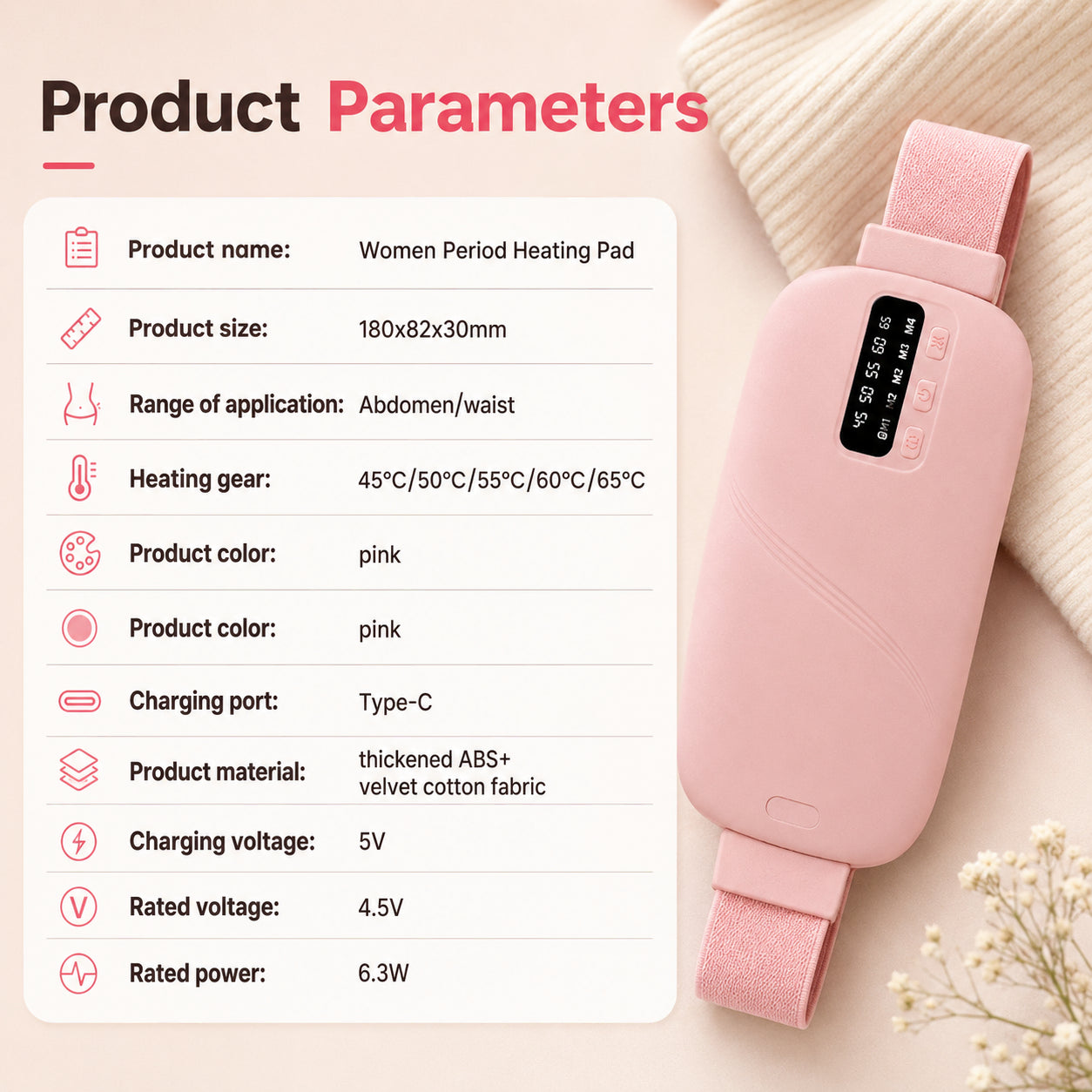 Produktinformation och tekniska specifikationer för menstruationsbälte med värmeterapi och USB-C laddning