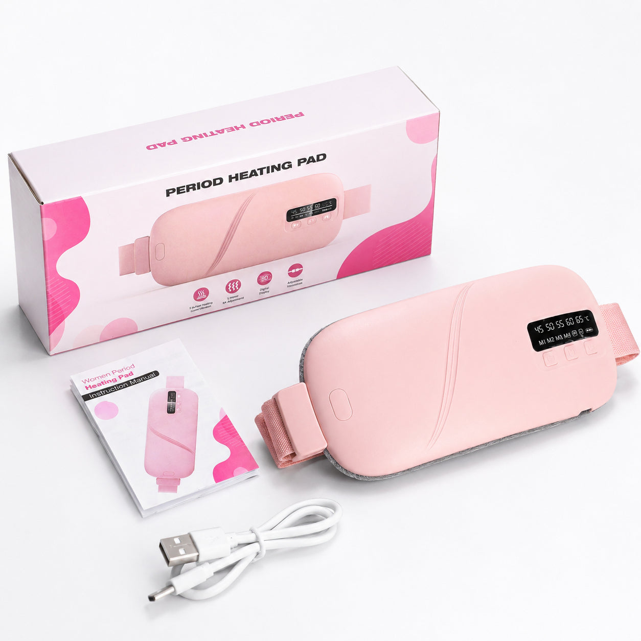 Förpackning och innehåll för menstruationsbälte med värmeterapi inklusive USB-kabel och manual