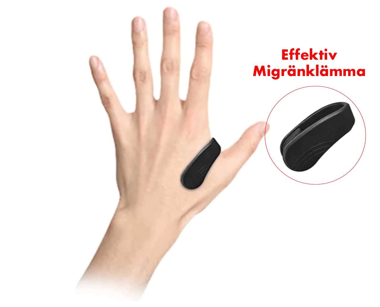 Migränklämma placerad på handen mellan tumme och pekfinger