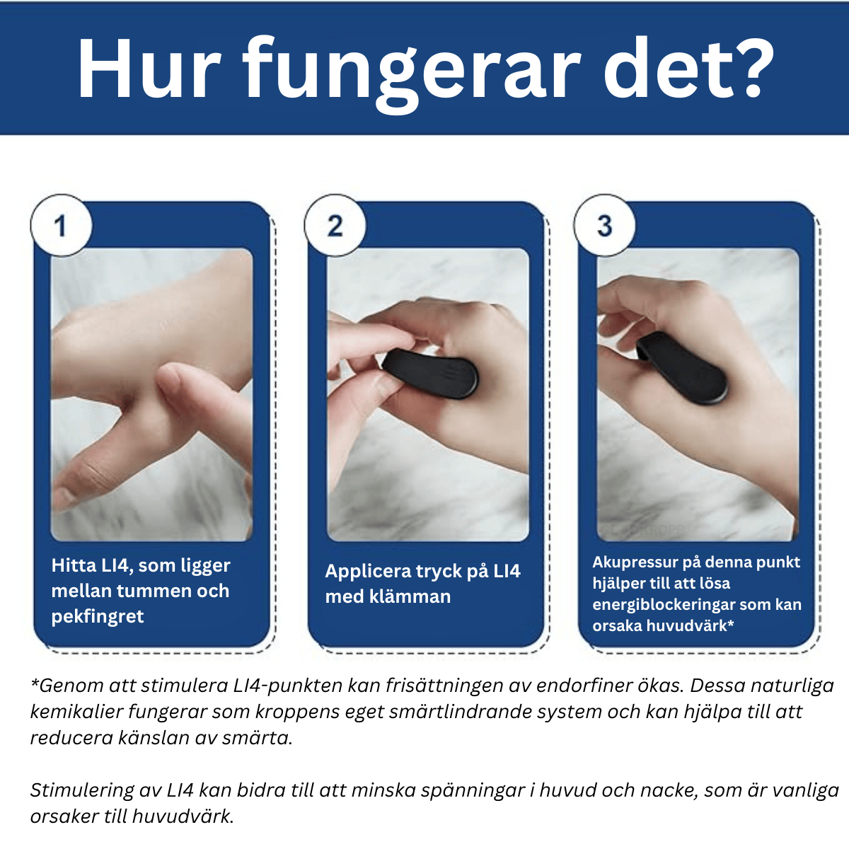 Hand som visar hur klämman appliceras för riktat tryck