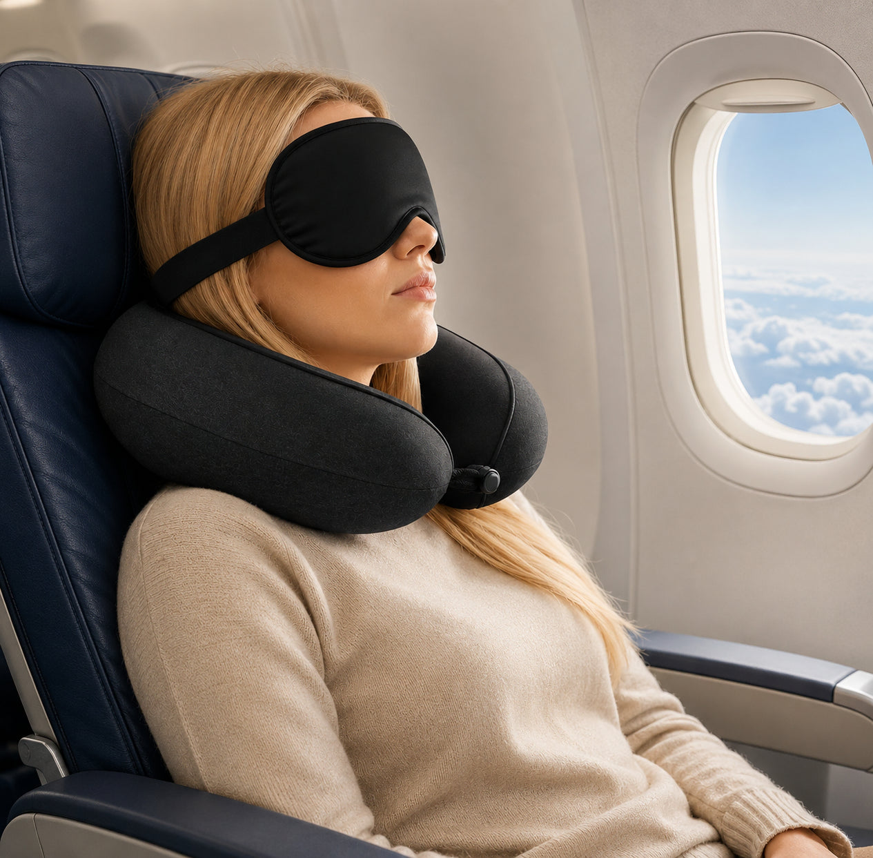 Nackkudde med ergonomiskt stöd och sovmask som ger komfort och avlastning under flygresor och längre resor.