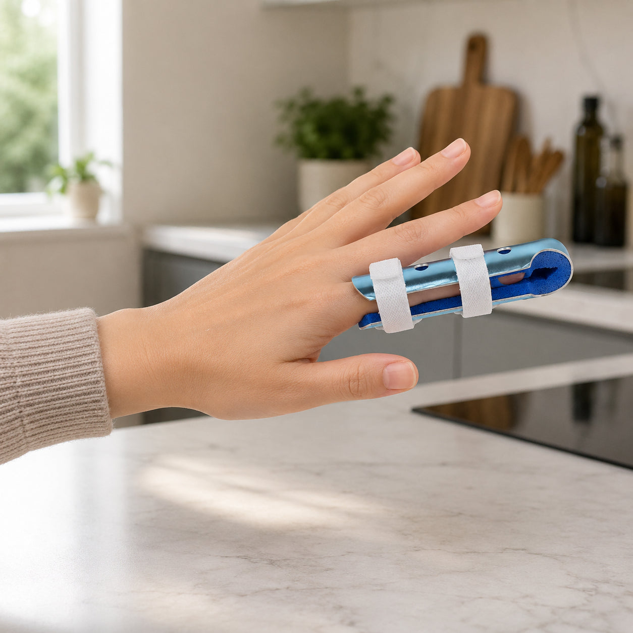 Ortopedisk fingerskena i aluminium som stabiliserar och skyddar fingret vid fraktur, stukning eller rehabilitering.