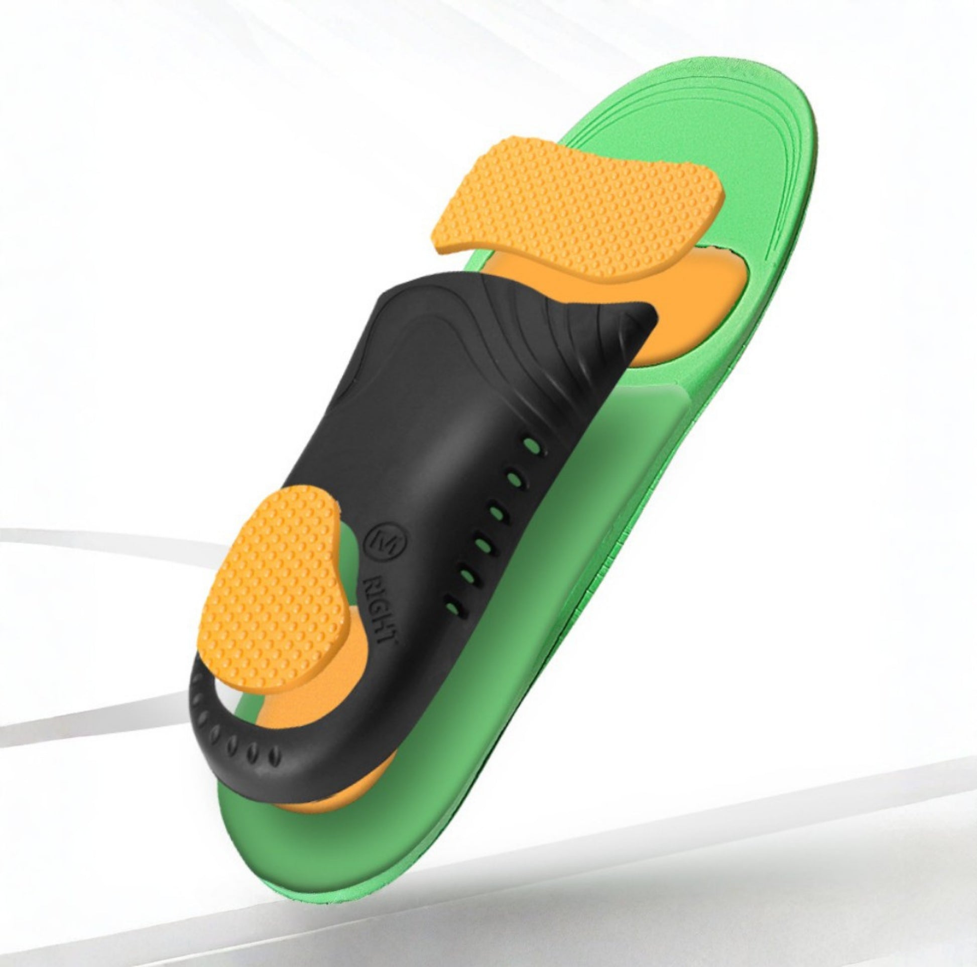 Ortopedisk iläggssula med uppbyggd häl och framfot, visad i genomskärning mot vit bakgrund.