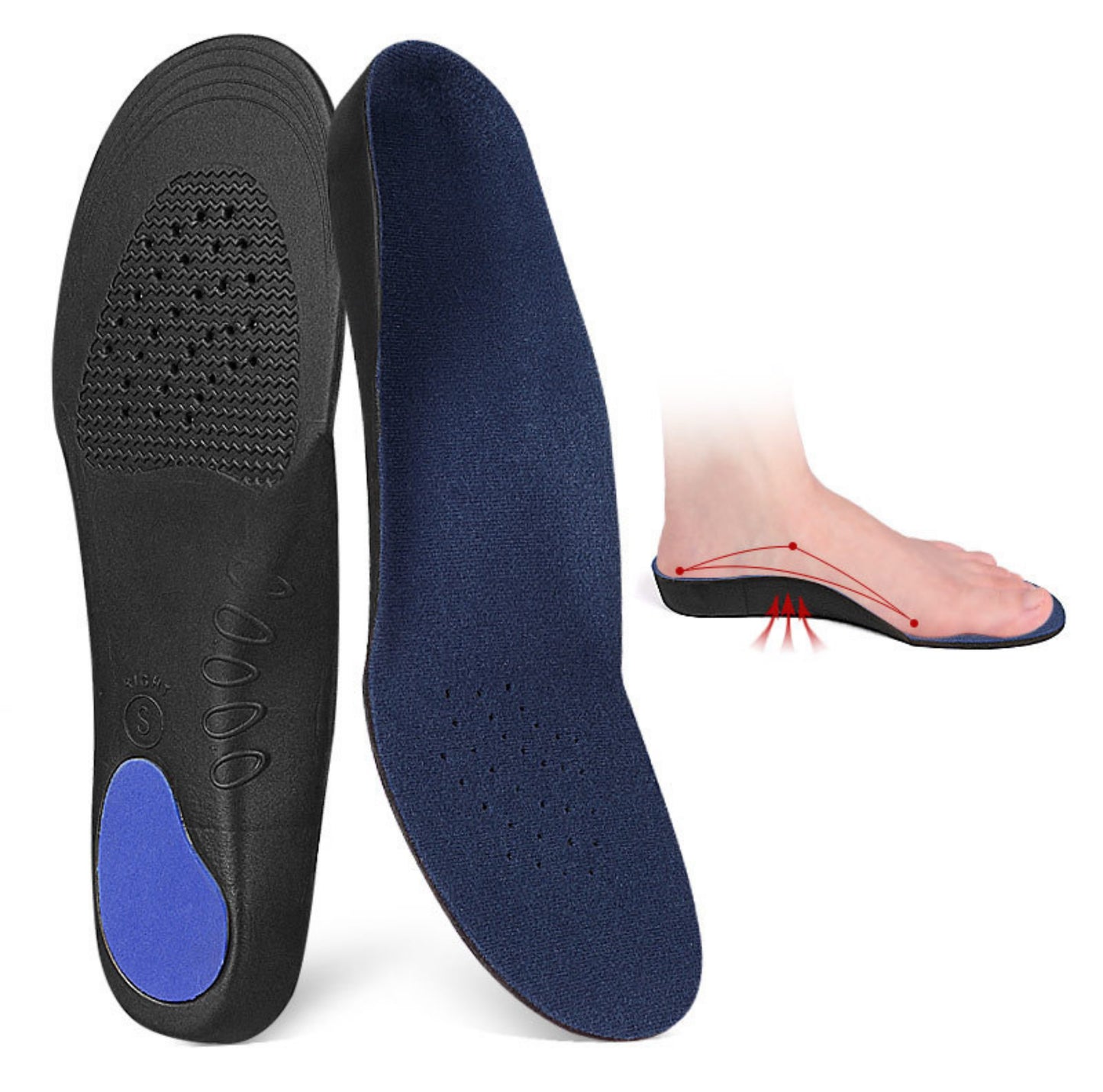 Ortopediska skoinlägg med hälstöd, visade ovanifrån och underifrån samt illustration av fotens belastning.