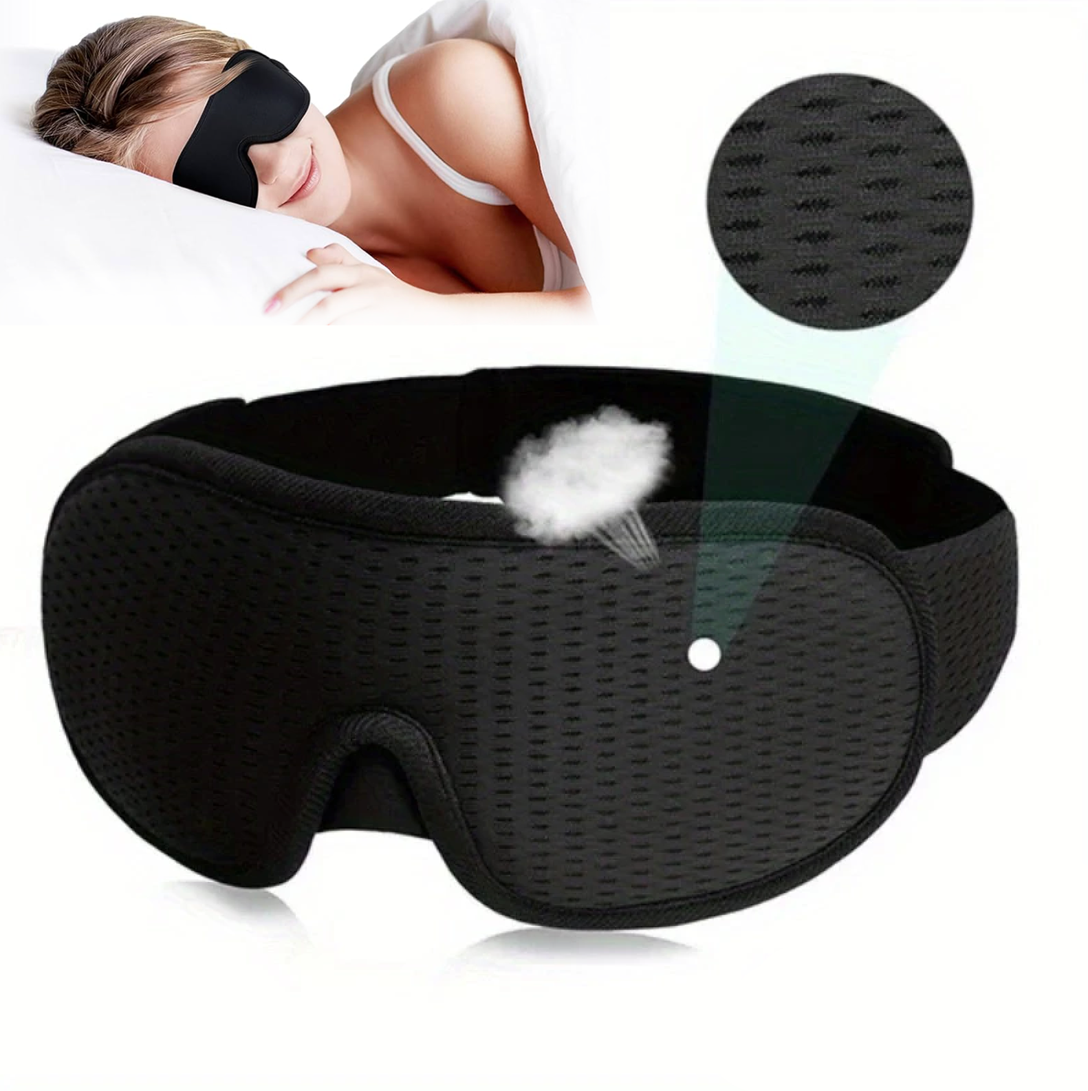 3D sovmask i svart memory foam med närbild av materialet.