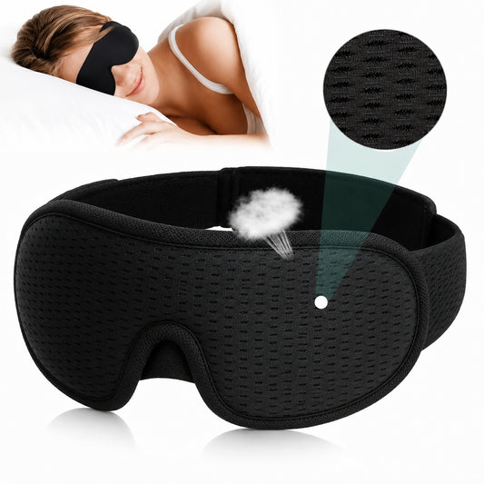 Svart 3D-sovmask i ventilerande material för bekväm sömn.