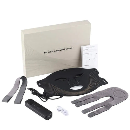 Rödljusmask med tillbehör och laddningskabel för hemmabruk