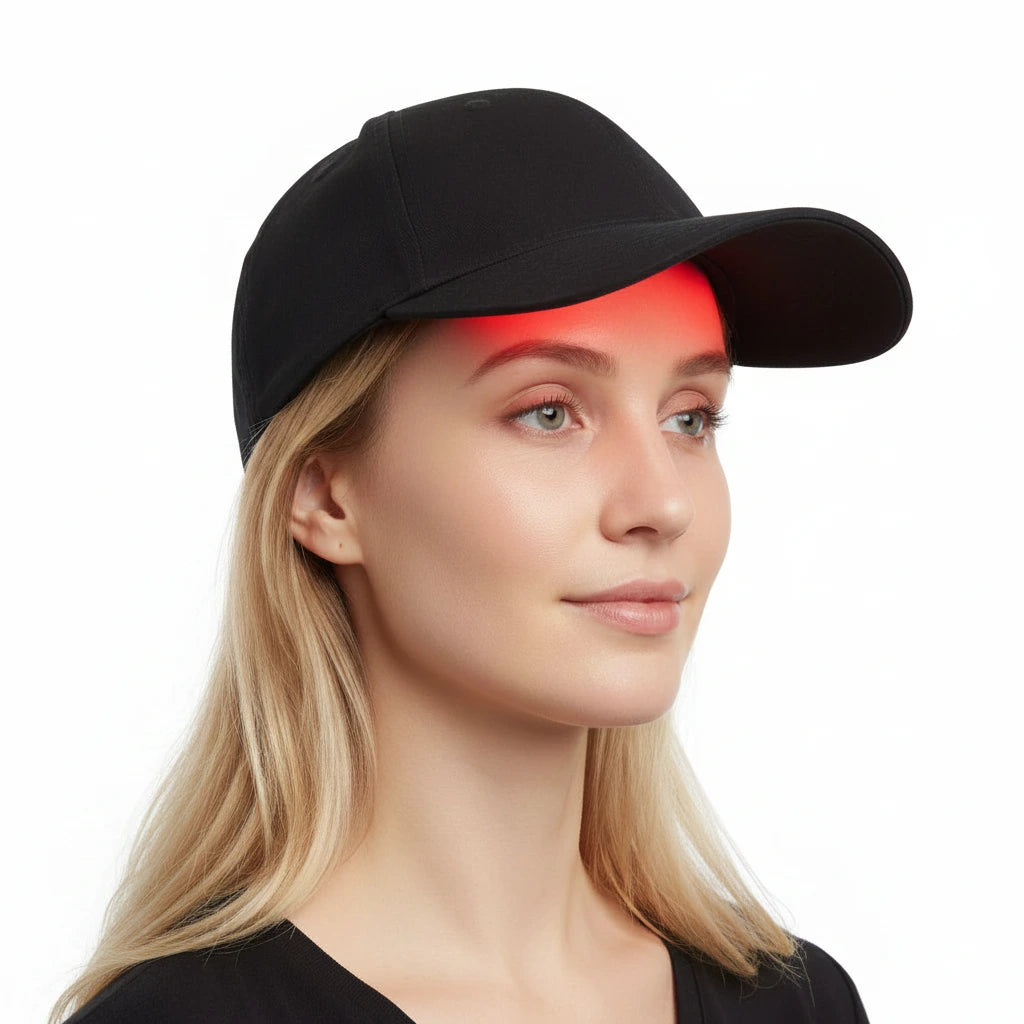 LED-keps för rödljusterapi på kvinna i studio