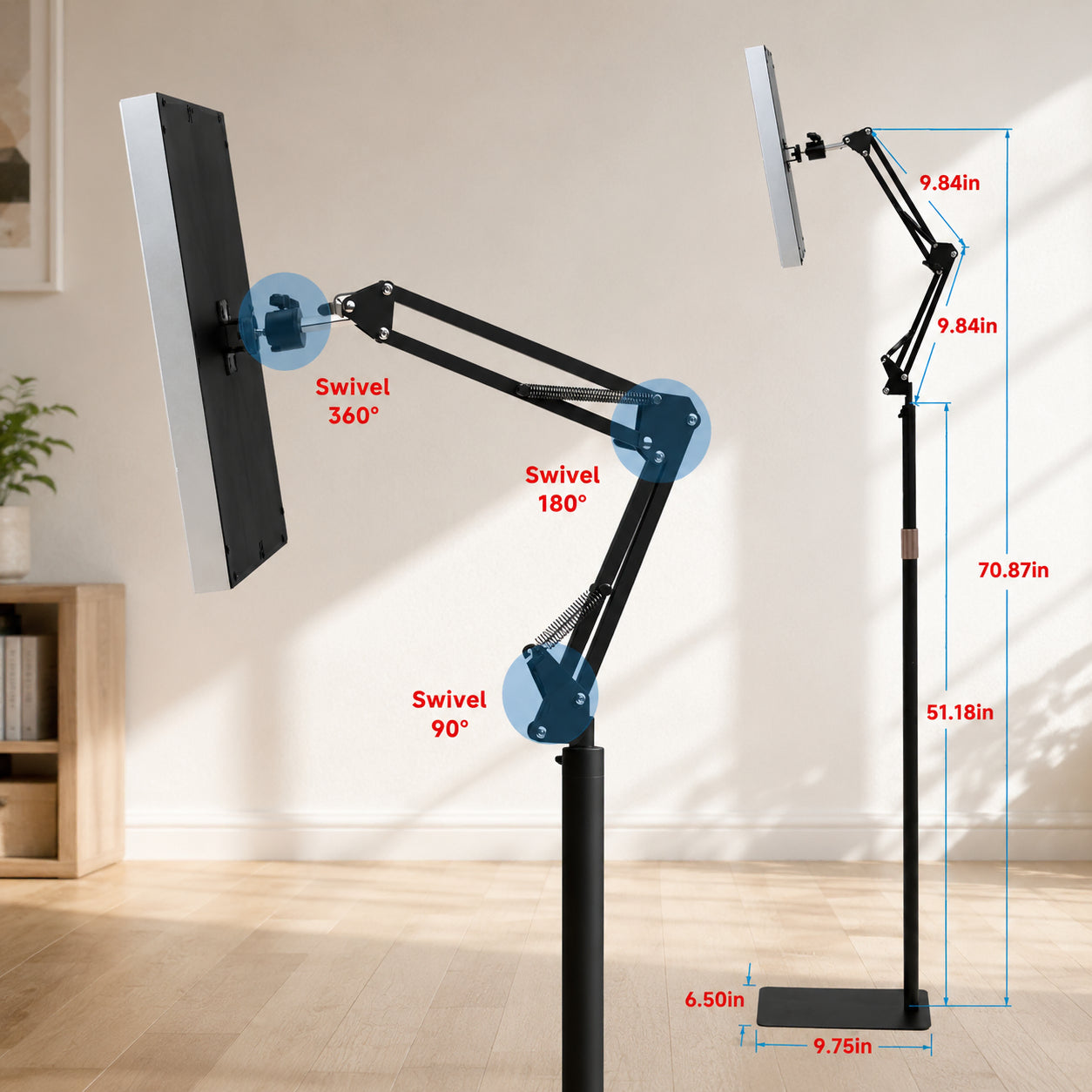 Justerbart golvstativ med flexibel vinkel och roterbar arm