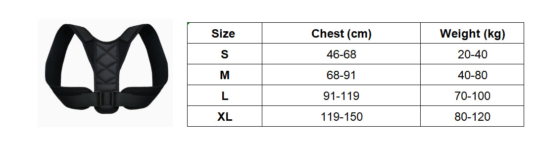 Storlekstabell för ryggstöd med bröstmått och rekommenderad kroppsvikt.