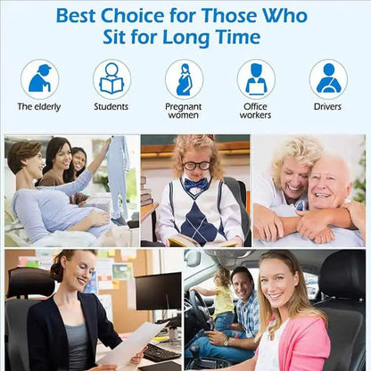 Illustration som visar olika personer som kan använda ryggstödskudde vid längre sittande