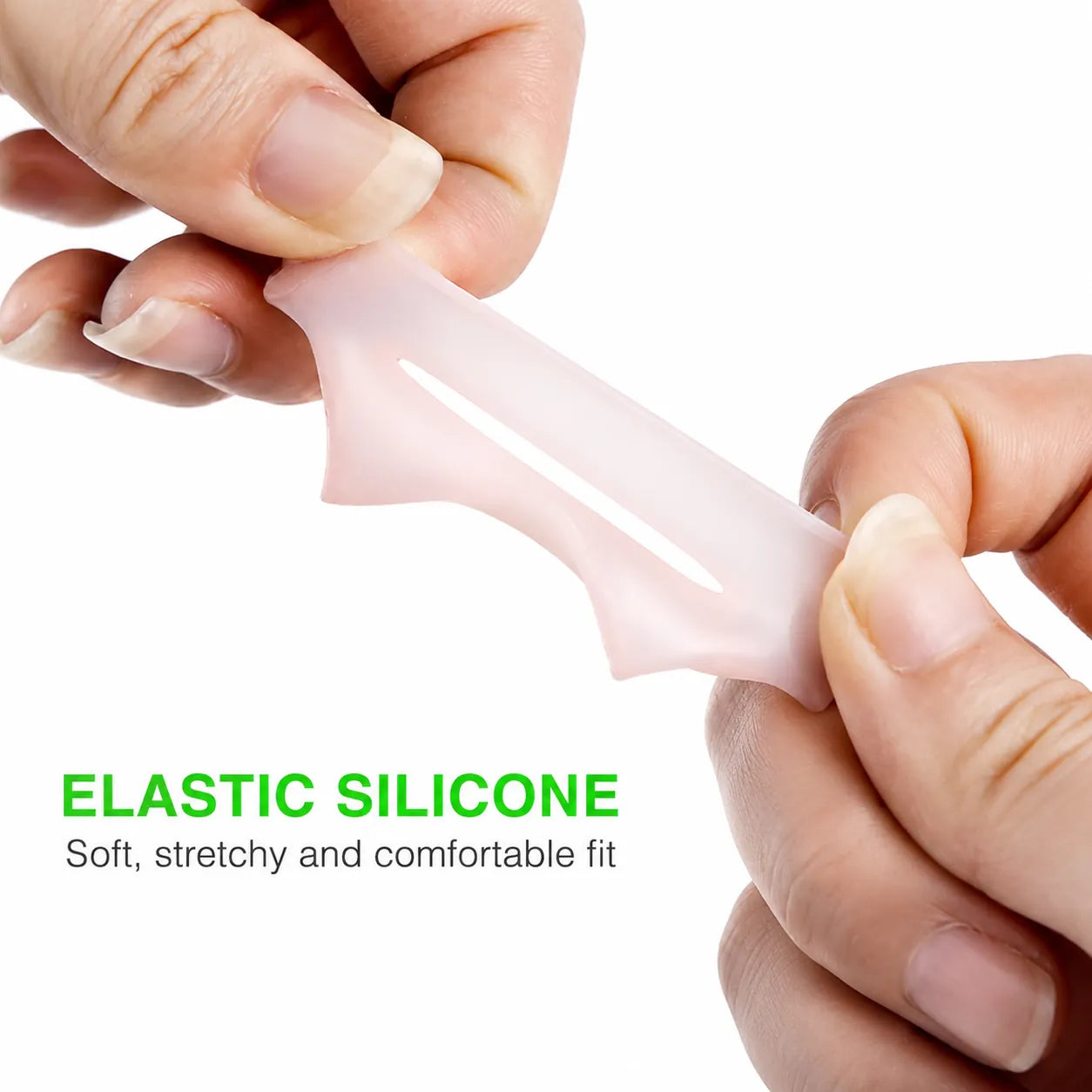 Mjukt och elastiskt silikonskydd för stortå som visar materialets flexibilitet och följsamma passform.