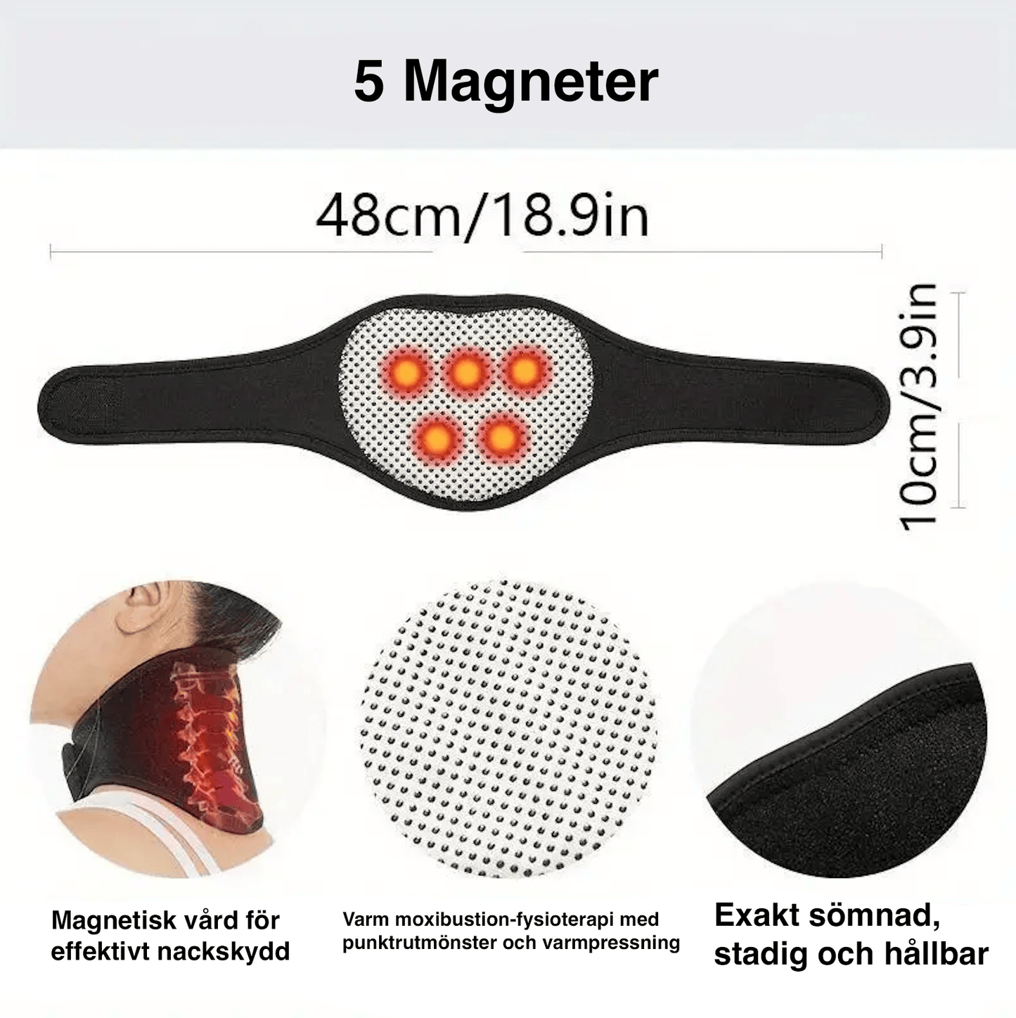 Detaljbild av nackskyddets uppbyggnad och värmezoner samt mått