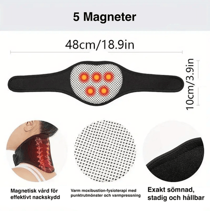 Detaljbild av nackskyddets uppbyggnad och värmezoner samt mått