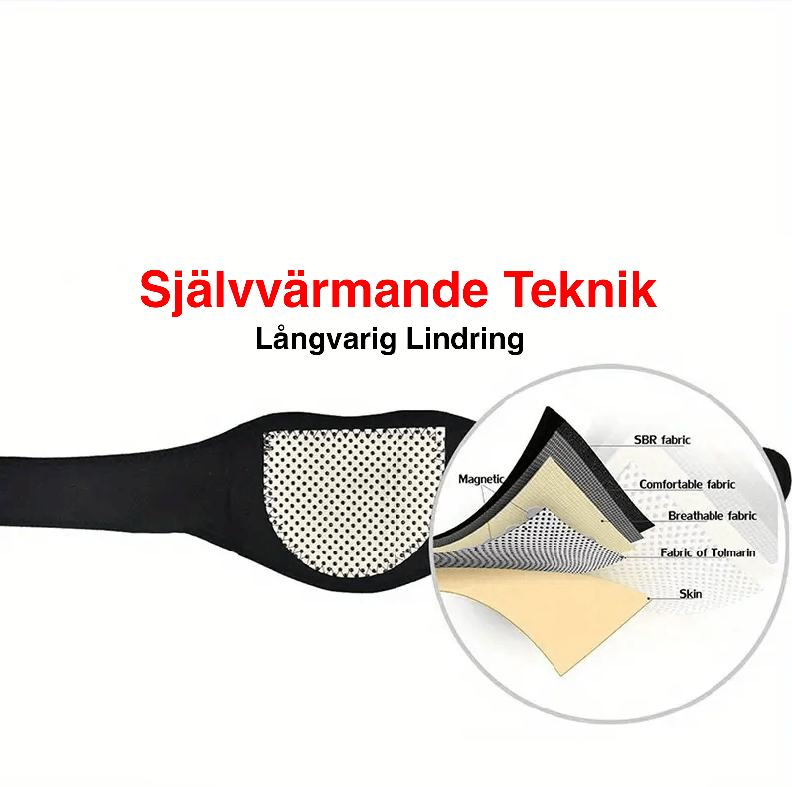 Nackskydd med värme som används vid stel nacke med flera olika lager som skapar den självvärmande tekniken.