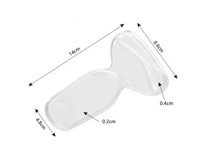 Storleksbild av skoskyddsinlägg i silikon för hälsporre med måttangivelser.