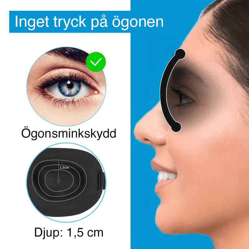 Illustrerar hur sovmasken inte trycker mot ögonen och har ett djup om 1,5cm