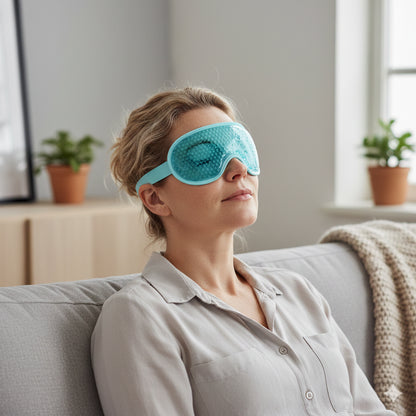 Person som använder masken sittande för att lindra spänningar runt ögonen