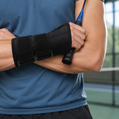 Person använder stabilt handledsbandage under racketsport.