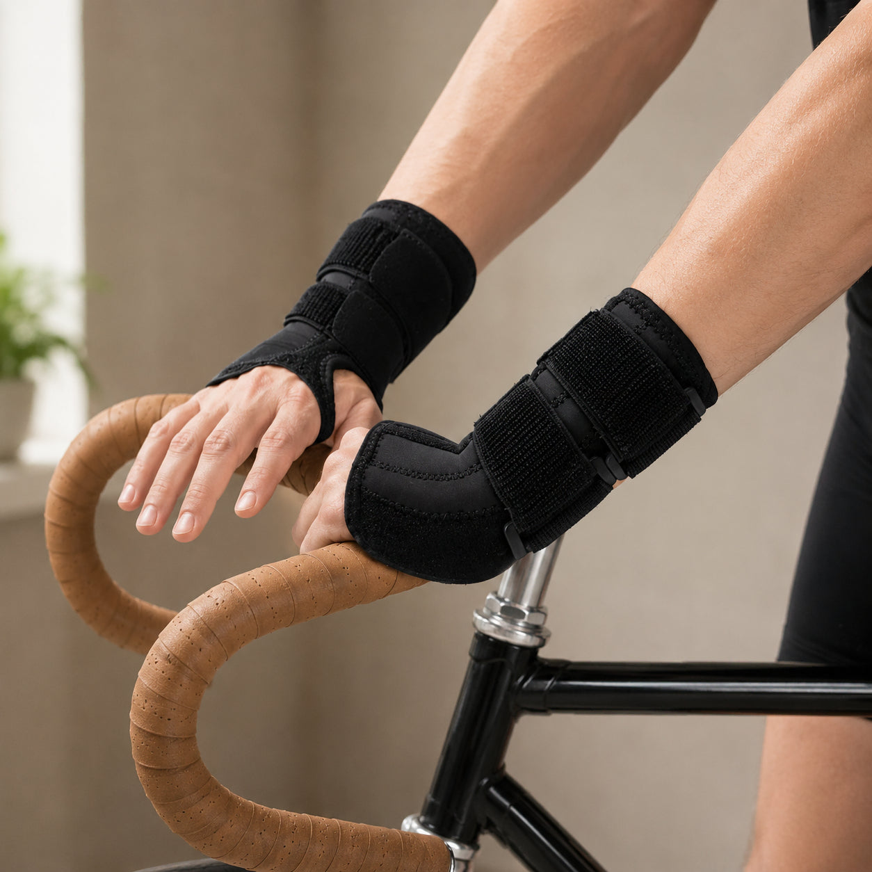 Person använder stabila handledsbandage vid cykling.