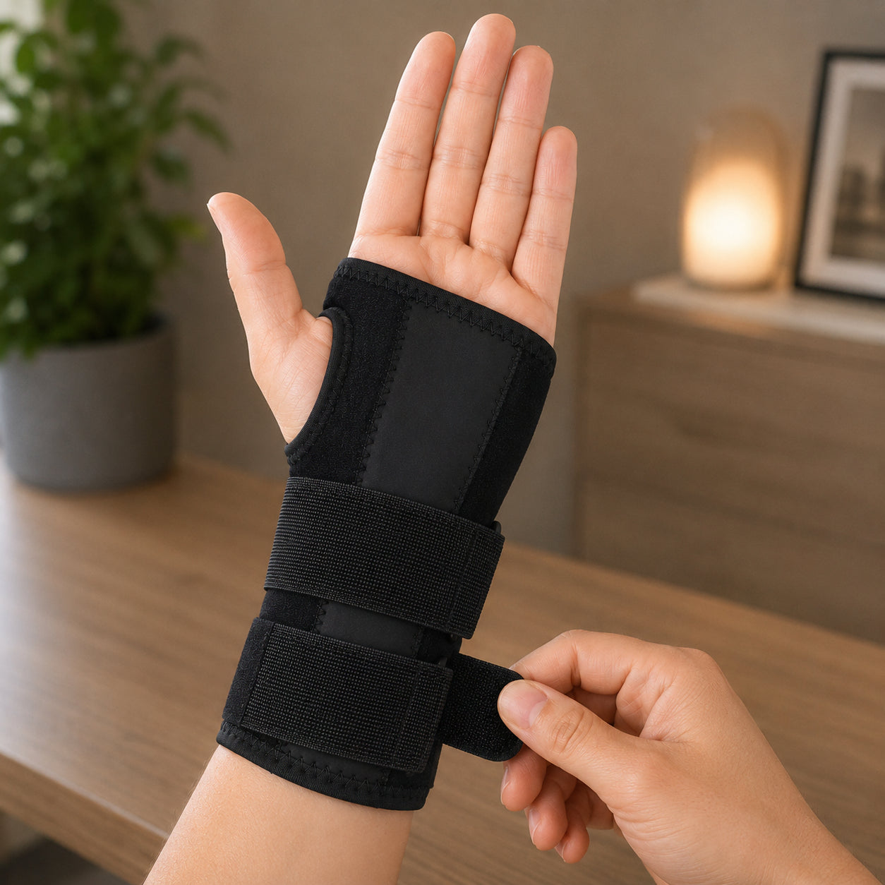 Person justerar stabilt handledsbandage med kardborreband i hemmiljö.