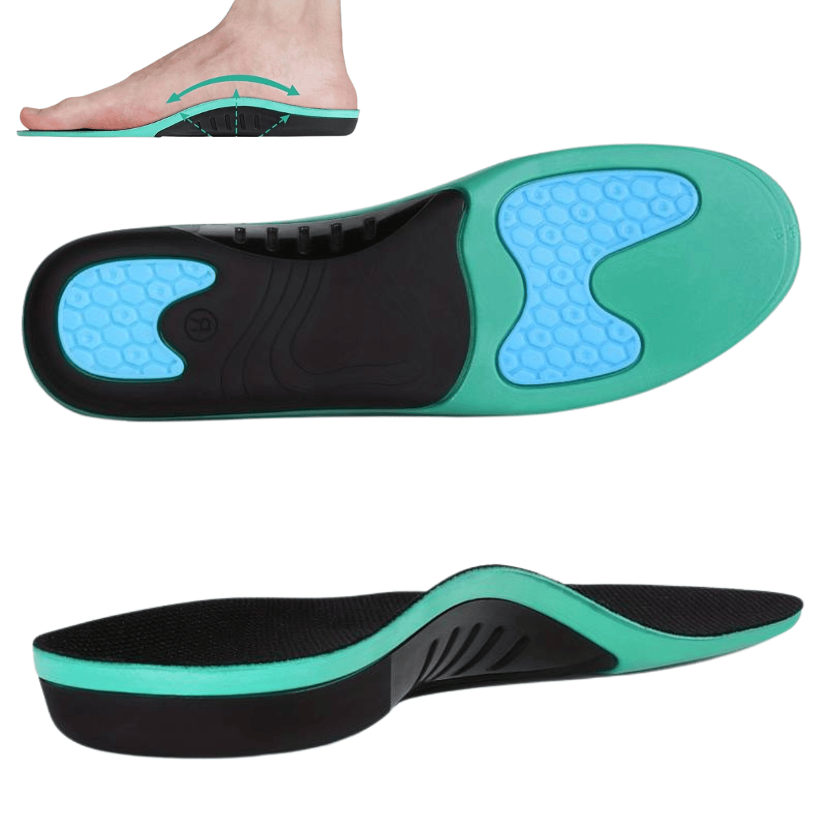 Stödjande fotvalvsinlägg som visas ovan- och undersida