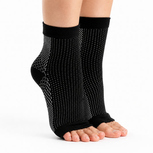 Elastisk stödstrumpa för fot och häl med öppen tå och följsam passform.