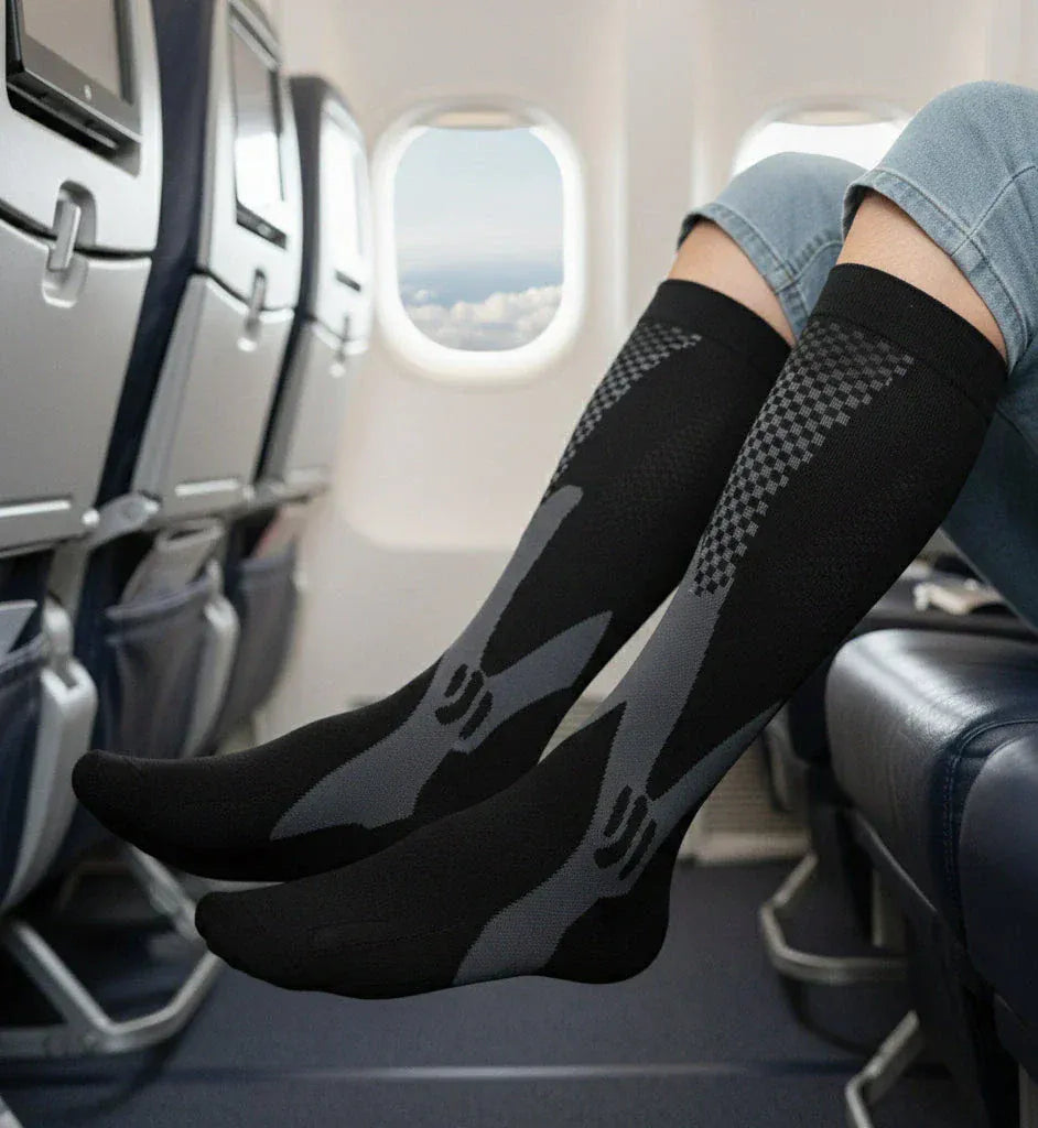 Person som sitter i ett flygplanssäte och bär svarta långa stödstrumpor med grå detaljer under resan.