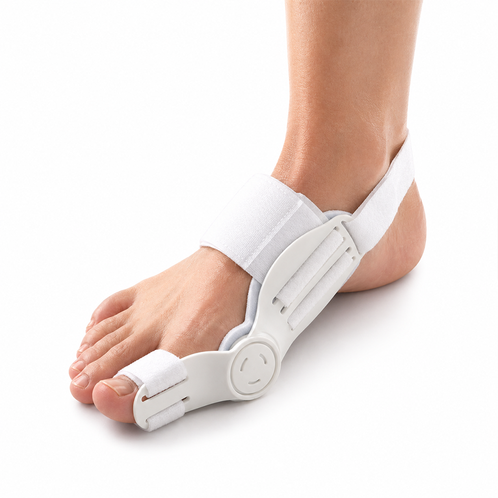 Stortåkorrigerare mot hallux valgus med justerbart roterande stöd