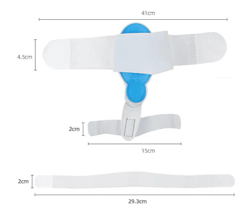 Storleksbild som visar mått på hallux valgus-stöd med justerbara band och tåseparator.