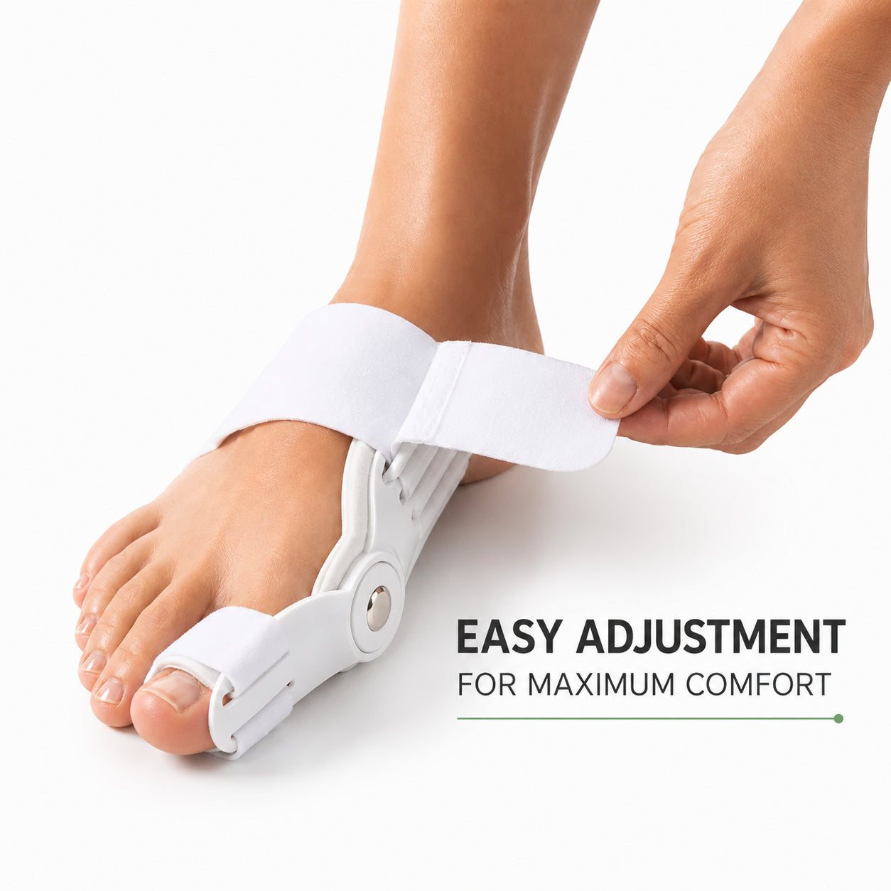 Justerbart stortåstöd vid hallux valgus med remmar för individuell och bekväm passform.